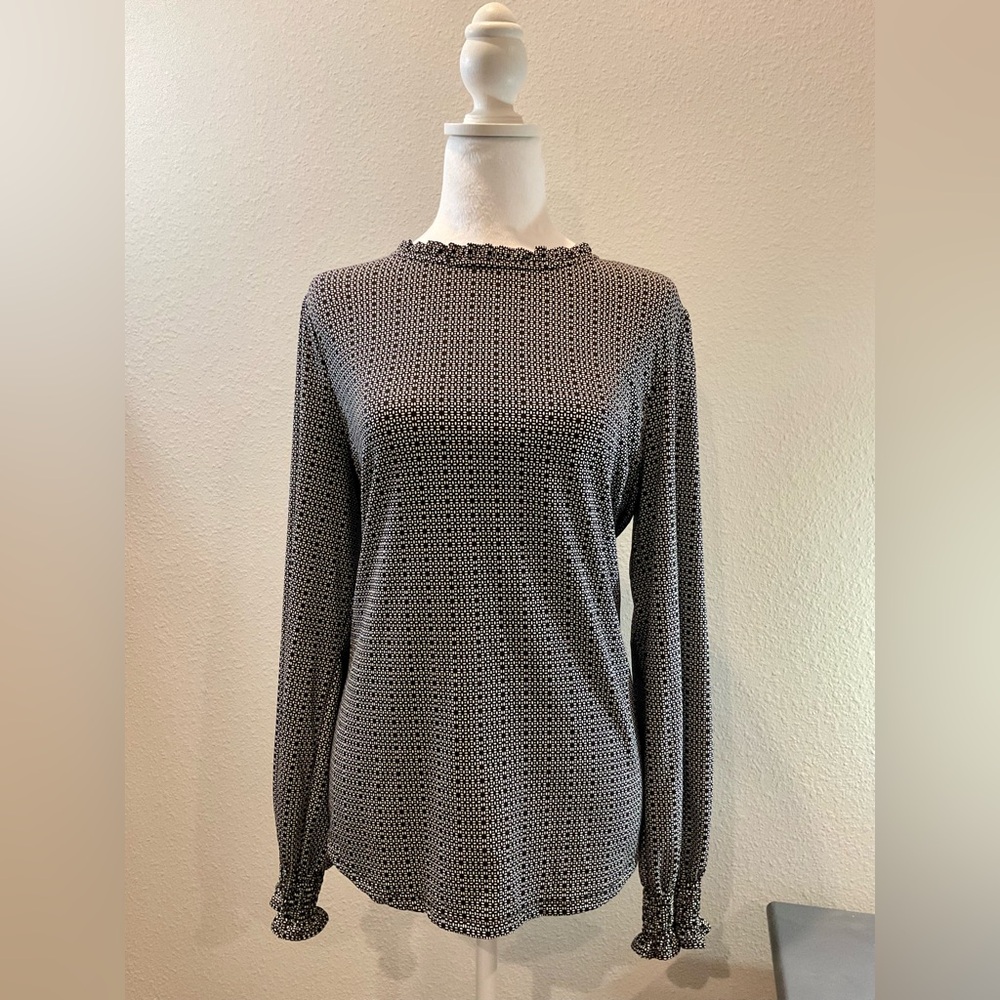 Adrianna Papell Black and White Patterned Long Sleeve Blouse